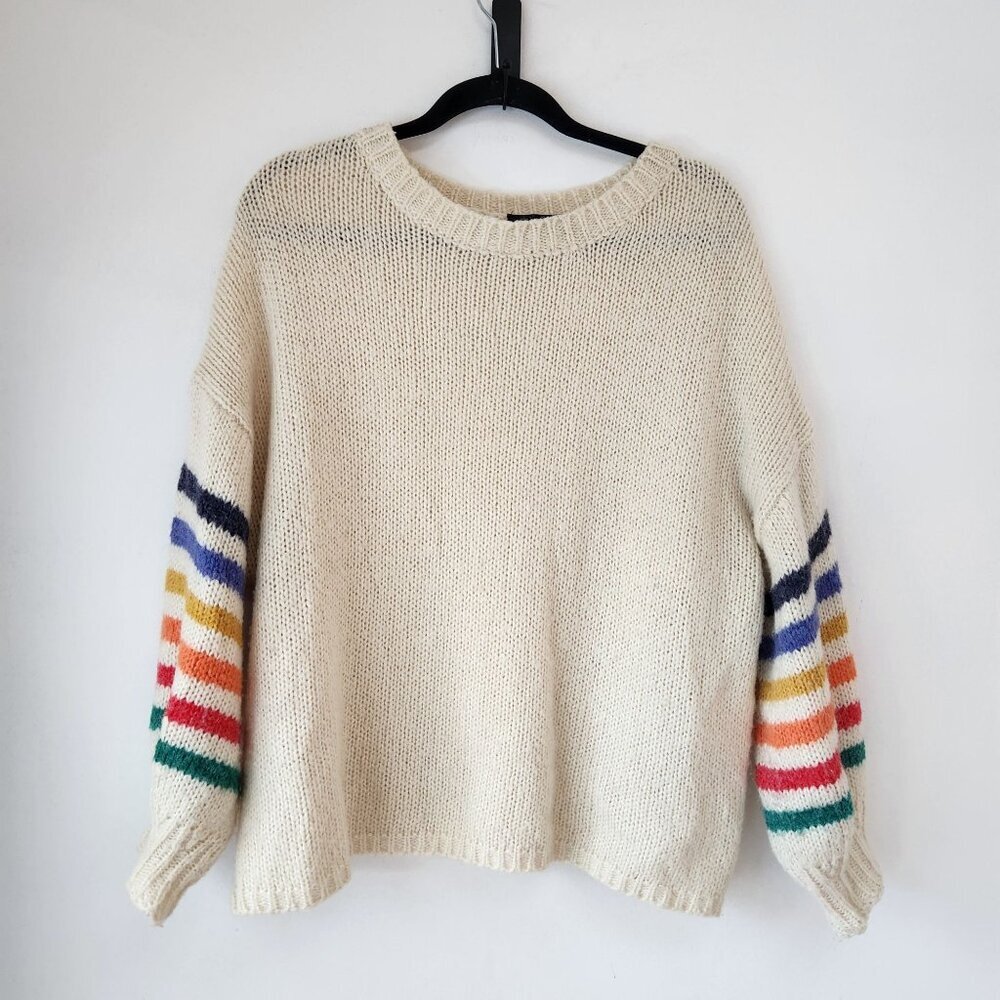 Vici Cozy Knit Sweater Beige Rainbow Stripes Oversized Coastal Grandma Women's S